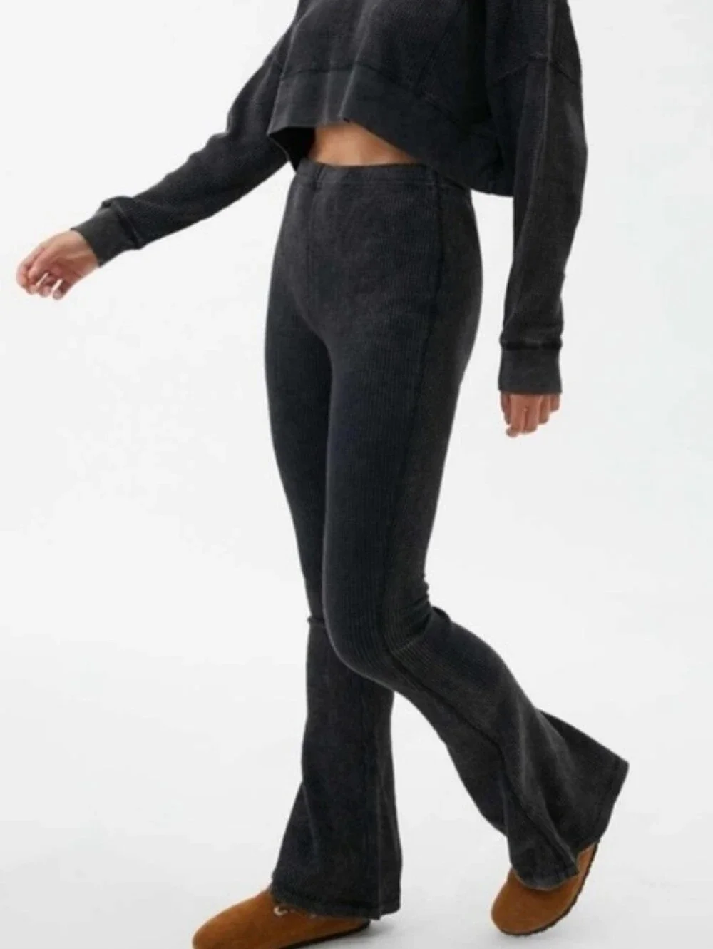 Out From Under Felicity Waffle Knit Flare Pants Dark Gray Black Womens Size S‎